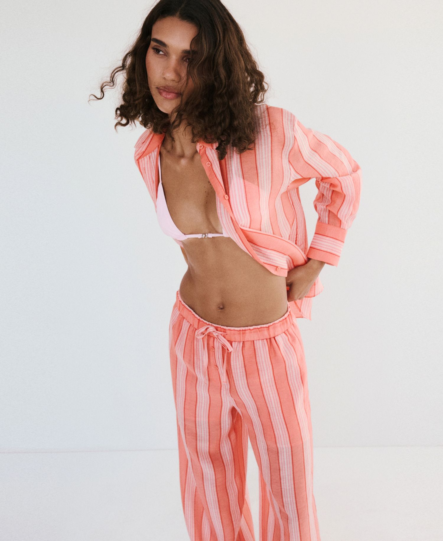 Women's Straight Striped Linen-Lyocell-Blend Pants