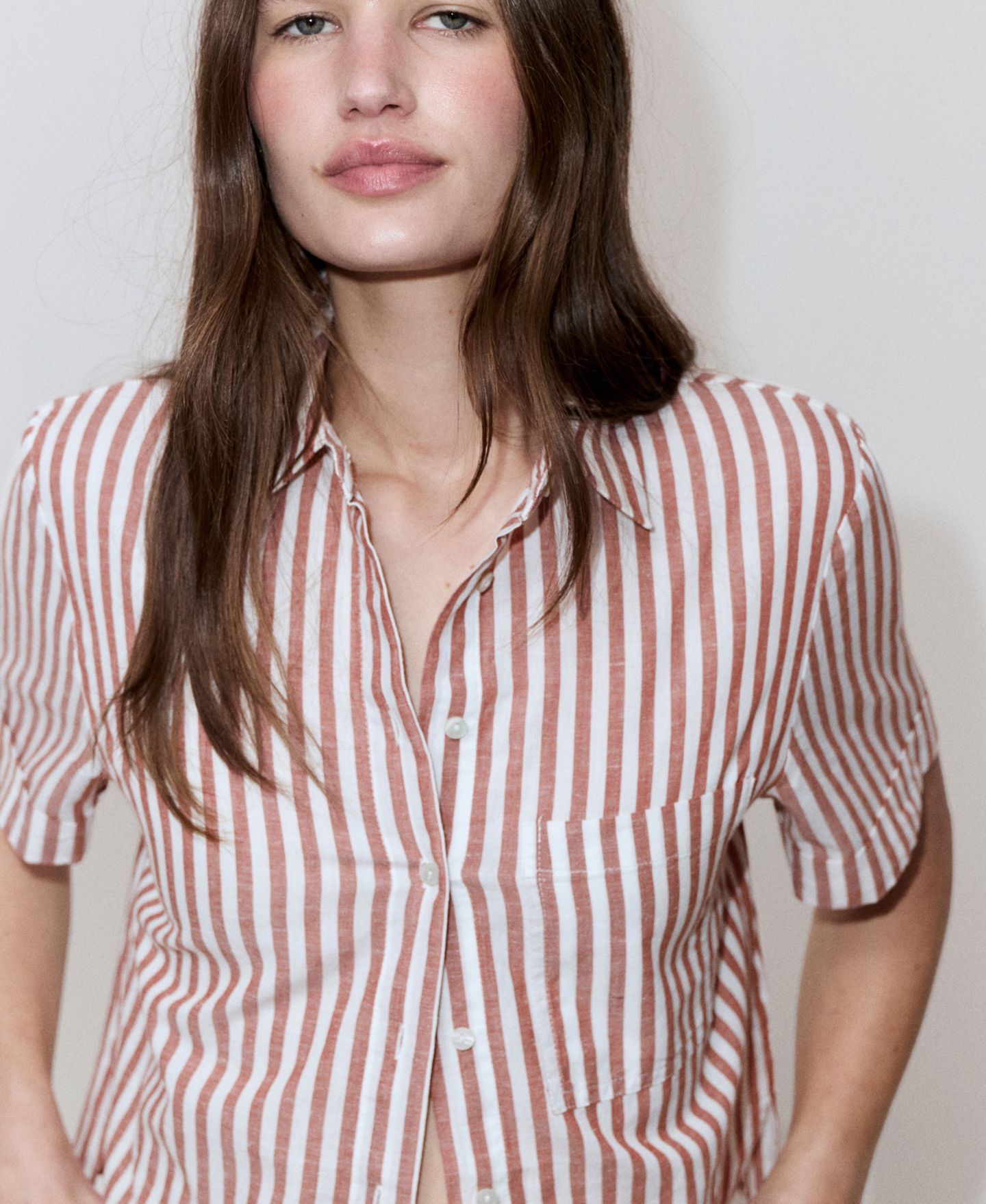 Женская рубашка Mango Striped Cotton Linen, цвет: Тёмно-бордовый — фото 4