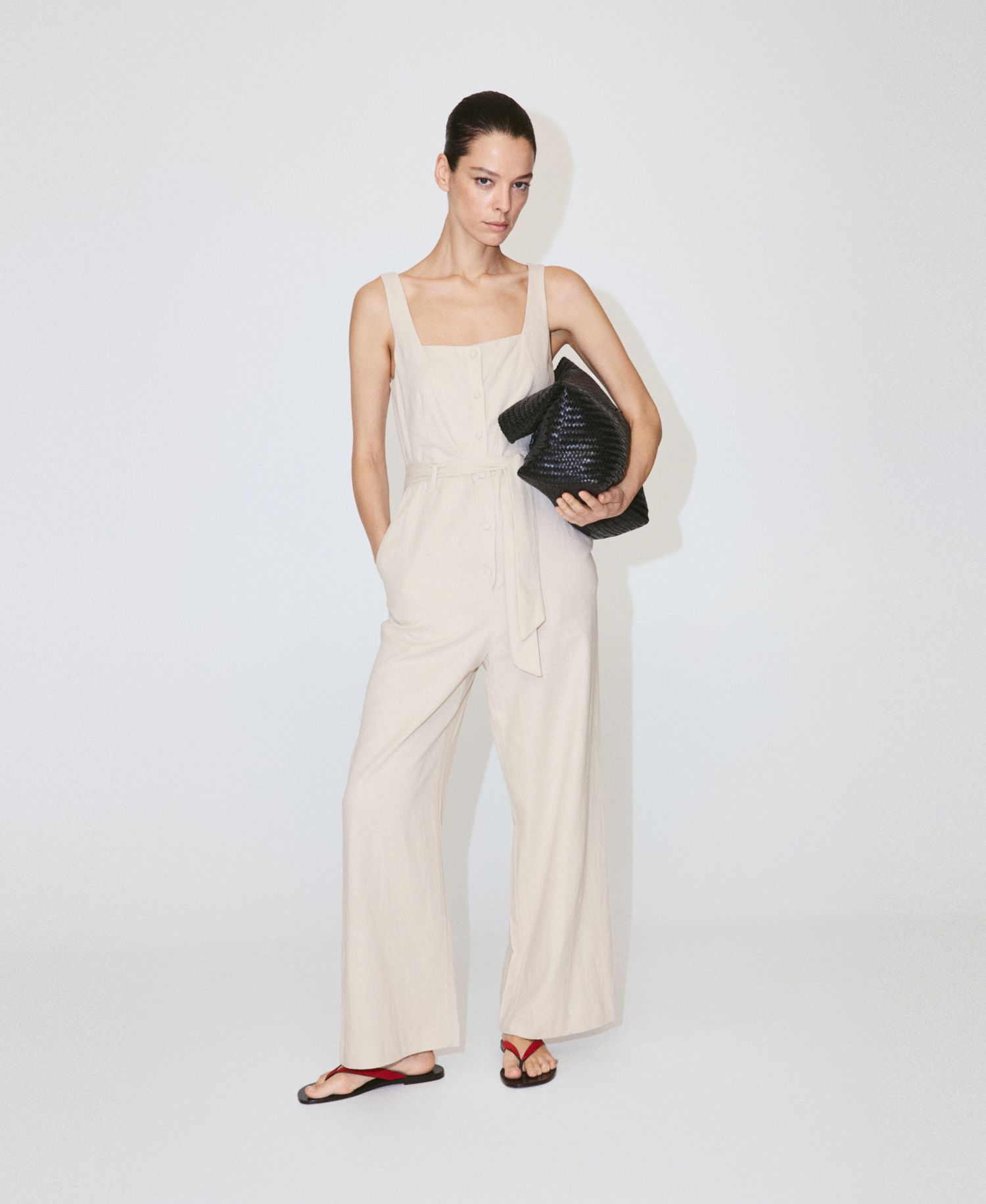 Women's Belt Cropped Linen Jumpsuit
