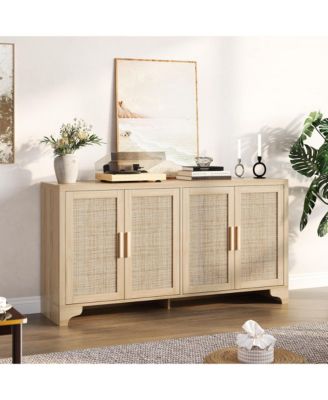 62 Inches Rattan Sideboard Buffet Cabinet, 4-Door Kitchen Storage Cabinet with Shelves
