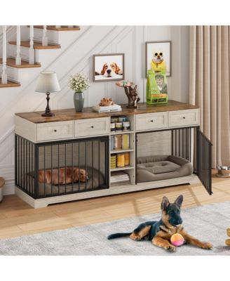 Large Double Dog Crate Furniture, Wooden Indoor Kennel with Divider, 4 Drawers and Shelves for Two Medium or Large Dogs