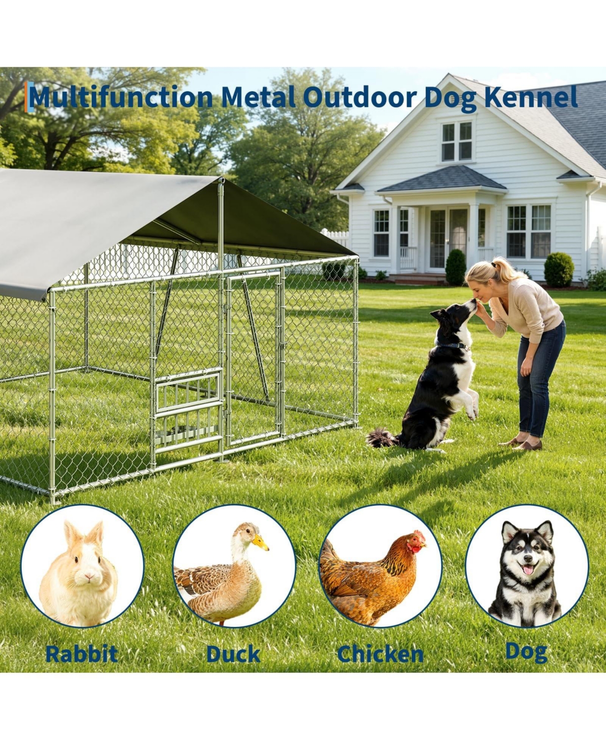 homfan Spacious Heavy Duty Dog Kennel, Secure Metal Pet Crate with Lockable Door, Weather Protection Roof, for Large Dogs