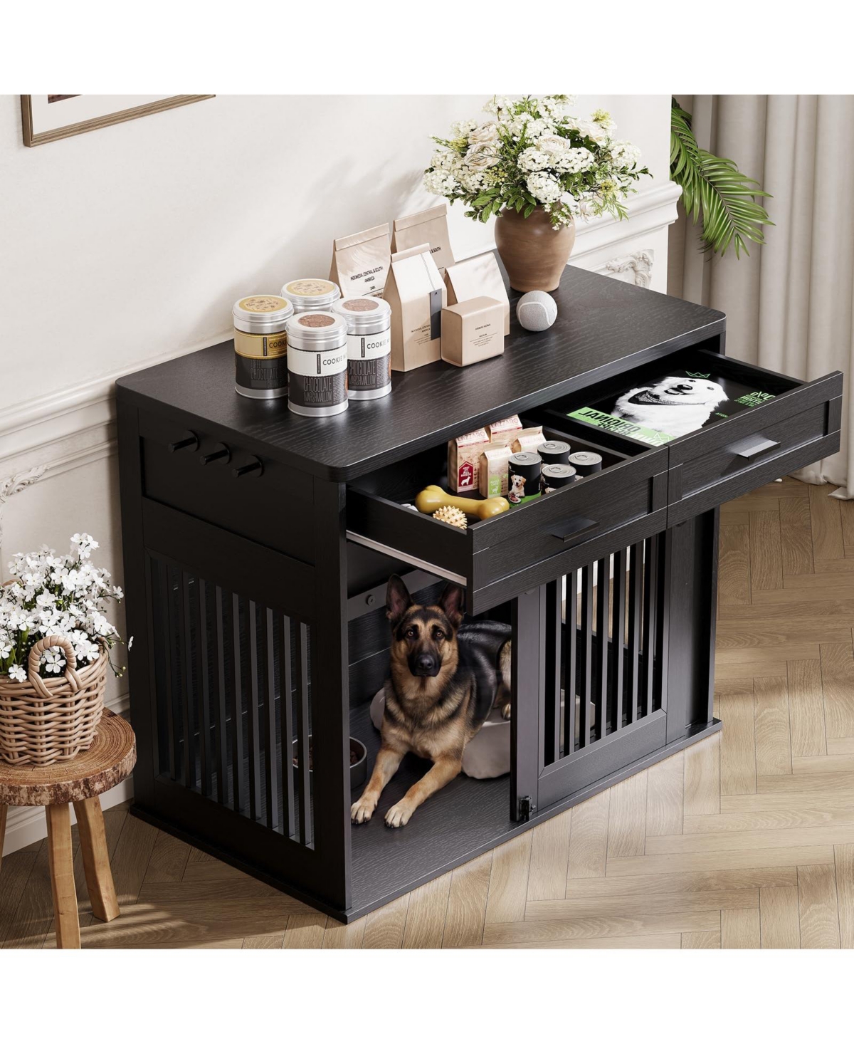 homfan Dog Crate Furniture Wooden Heavy Duty Indoor Kennel, Storage Drawers