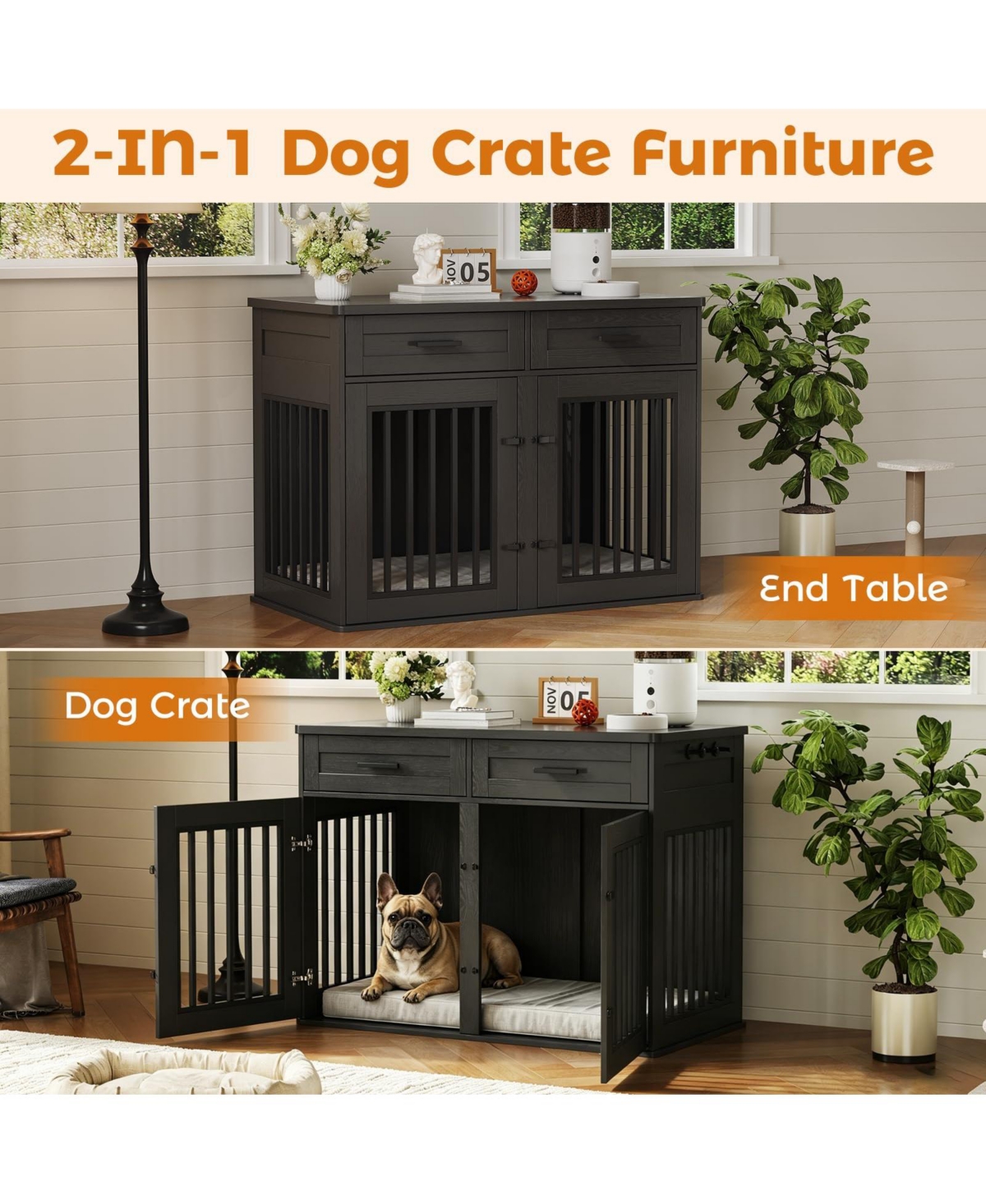 homfan Dog Crate Furniture Wooden Heavy Duty Indoor Kennel, Storage Drawers