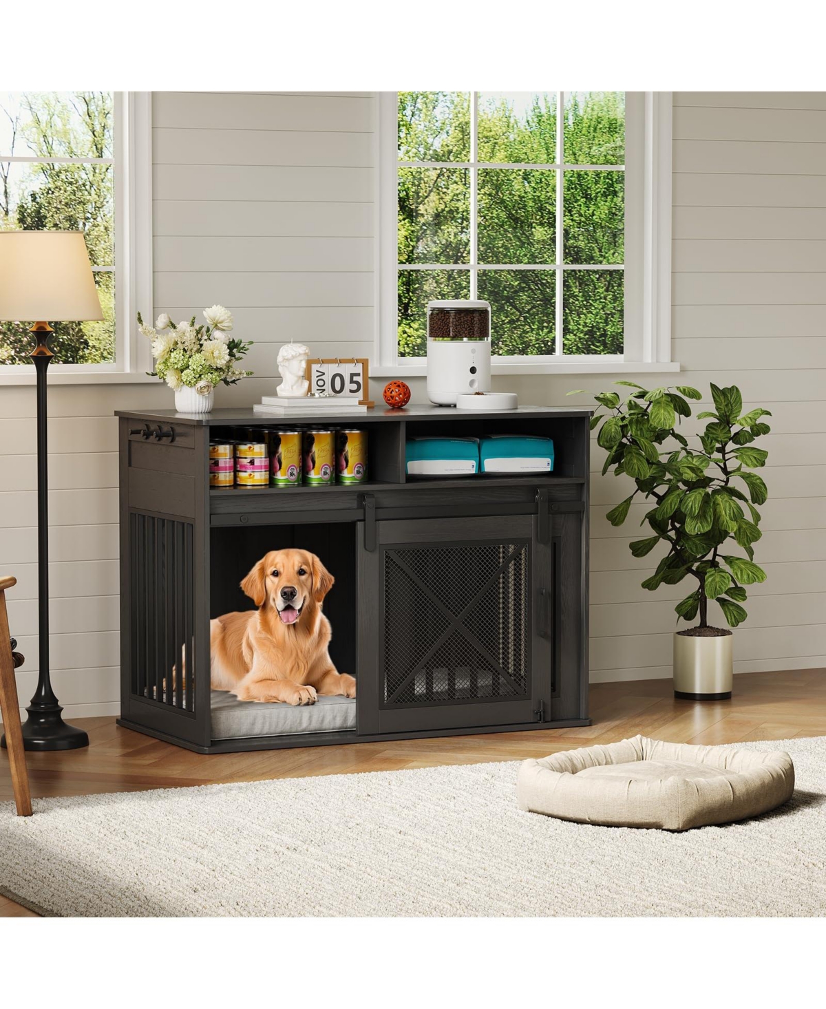 homfan Dog Crate Furniture Wooden Heavy Duty Indoor Kennel, Storage Drawers
