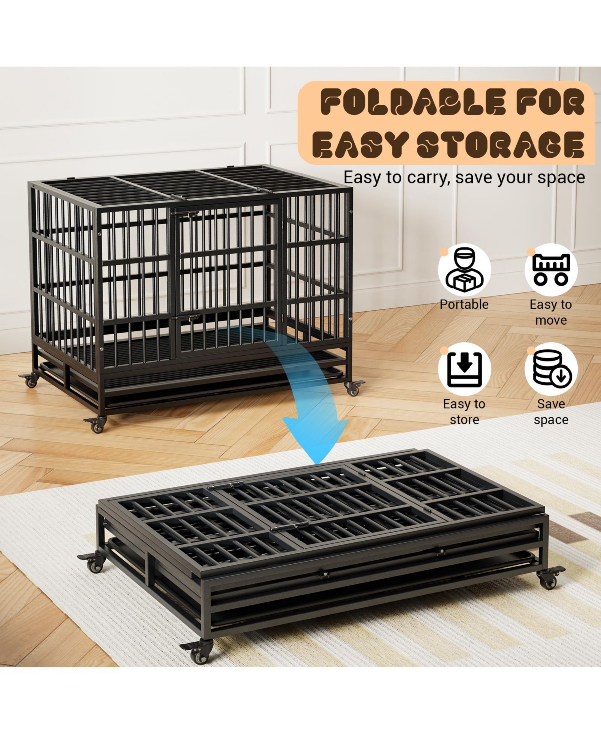 homfan Folding Dog Crate with Wheels