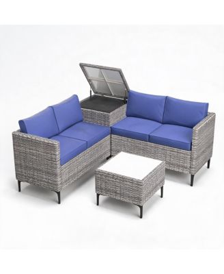 4-Piece All-Weather PE Rattan Sectional Furniture Set with Loveseat Sofa, Coffee Table with Storage-Ideal for Backyard, Poolside