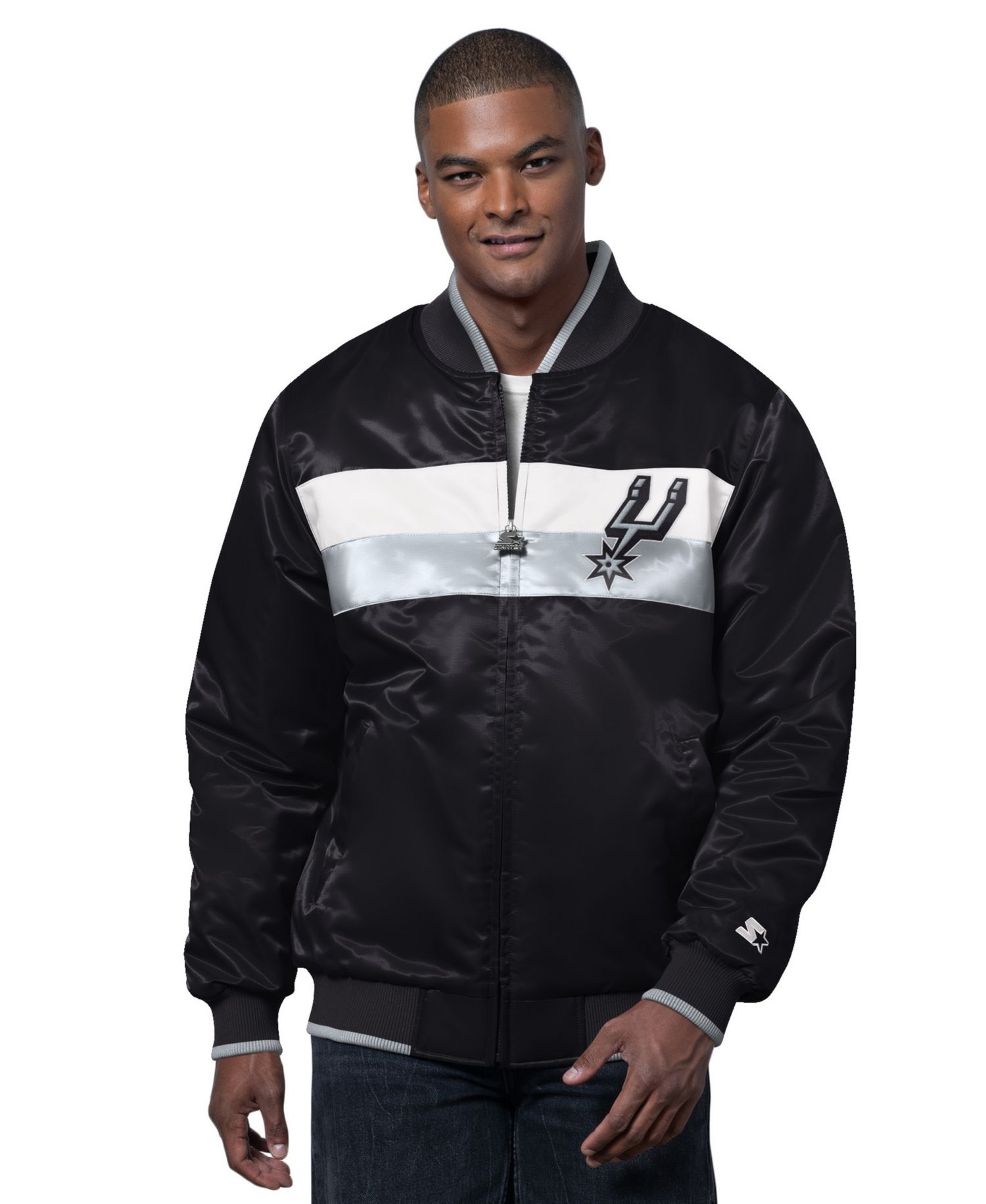 Men's Black/Silver San Antonio Spurs The Ambassador Satin Varsity Jacket