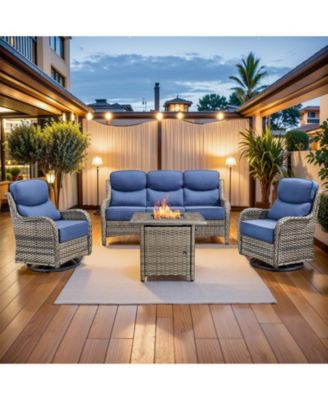 4 Piece Outdoor Patio Furniture Sets with Fire Pit Table,Wicker Sectional Sofa with Patio Swivel Chairs,6 Inch Thick Cushion
