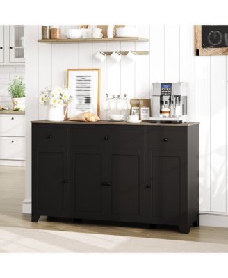 55" Black Buffet Cabinet - Coffee Bar Storage with Adjustable Shelves, 3 Drawers and 4 Doors for Kitchen or Dining Room