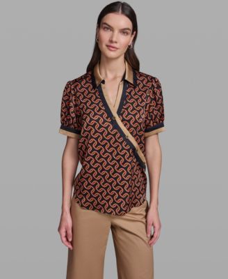 Women's Geometric Print Satin Button-Front Blouse