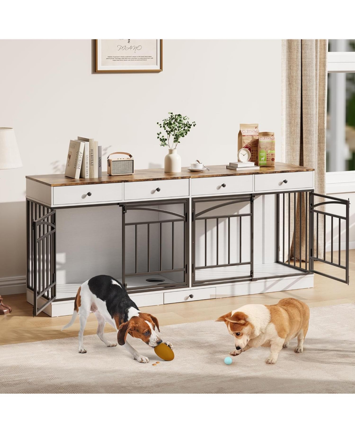 homfan Double Dog Crate Furniture for 2 Small/Medium Dogs with Drawers, Doors, Feeding Bowls, Wooden Indoor Kennel & Tv Stand