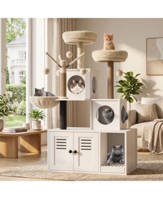 2-in-1 Modern Cat House and Litter Box Enclosure with Tree Tower, Hidden Washroom, Hammock, Scratching Posts, Soft Perches, Multi-Functional Furniture