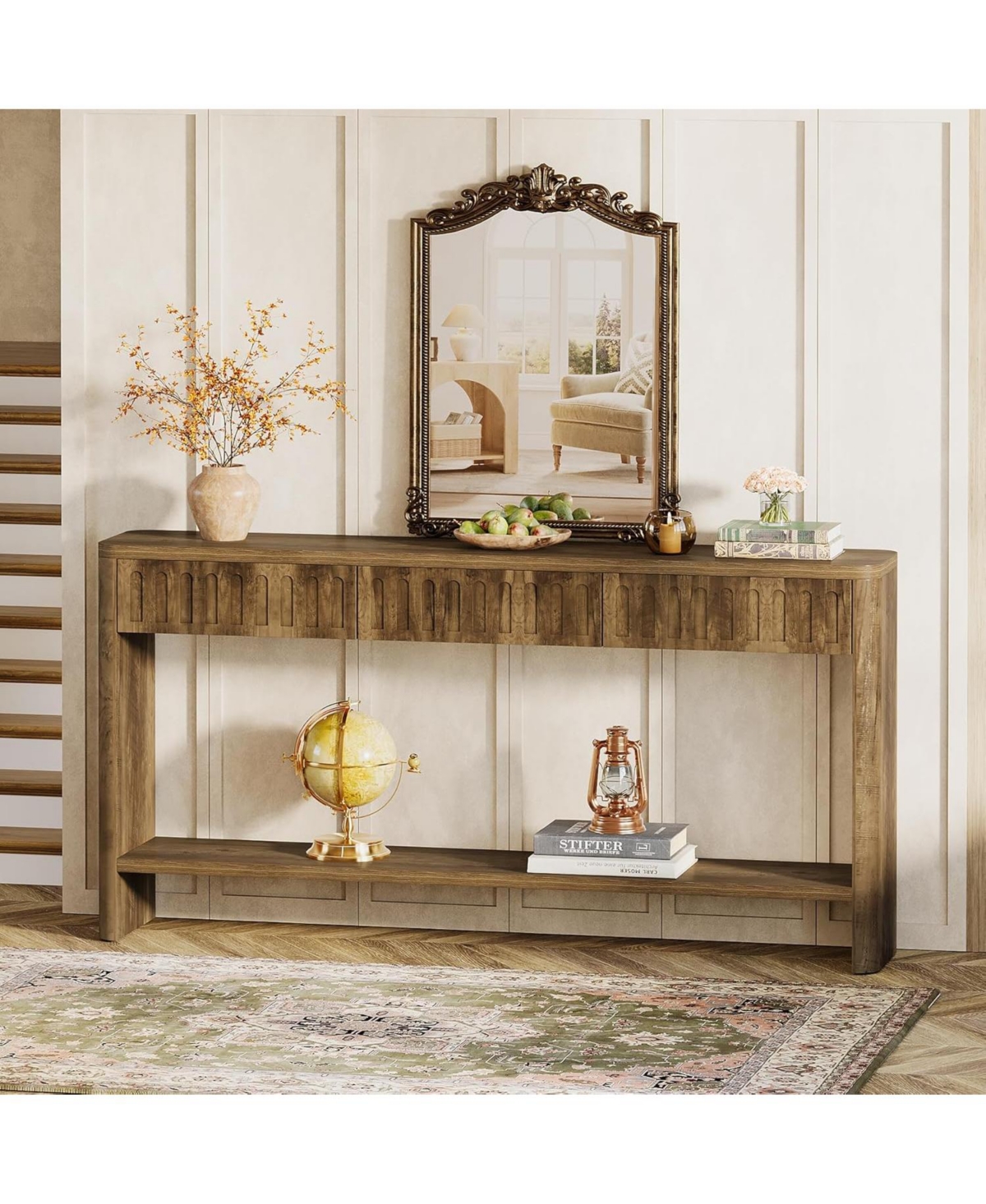 Tribesigns Farmhouse Console Table, Fluted Wood Entryway Table with 3 Drawers and Open Shelf for Behind Couch Living Room Hallway