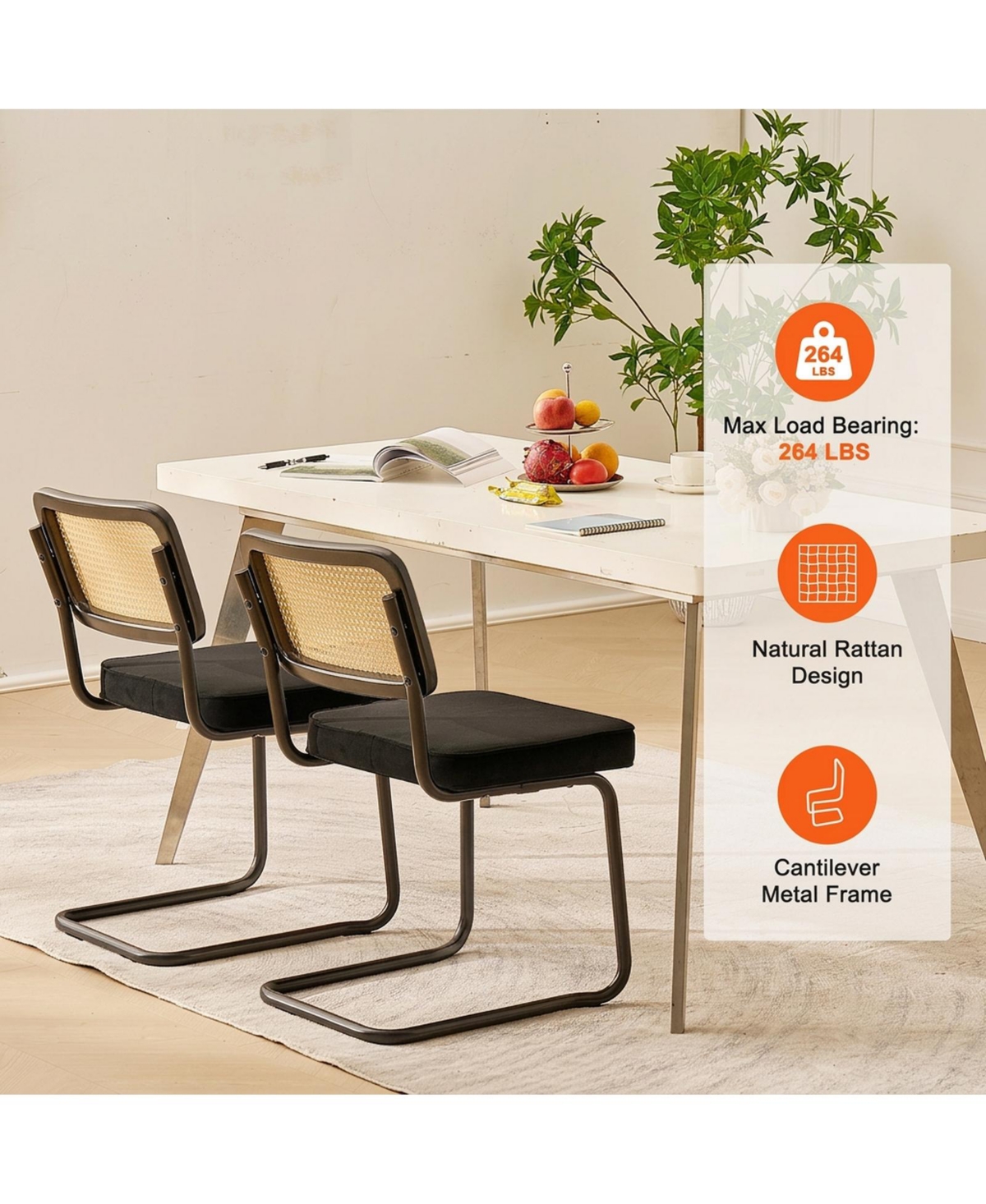 Gouun Mid-Century Rattan Dining Chairs Set of 2, Velvet Upholstered Seat