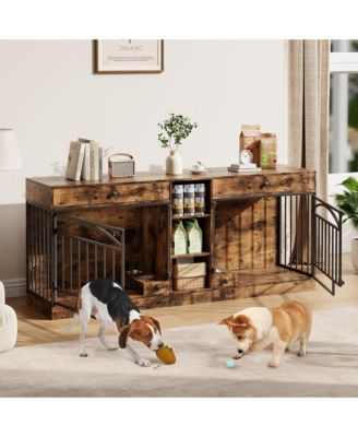 Double Dog Crate Furniture for 2 Small/Medium Dogs with Drawers, Shelves, Feeding Bowls, Indoor Kennel & TV Stand
