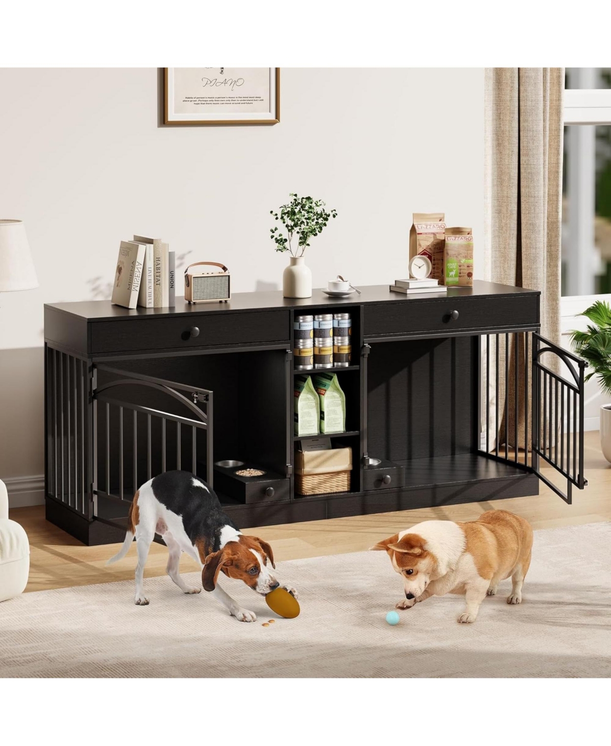 homfan Double Dog Crate Furniture for 2 Small/Medium Dogs with Drawers, Shelves, Feeding Bowls, Indoor Kennel & Tv Stand