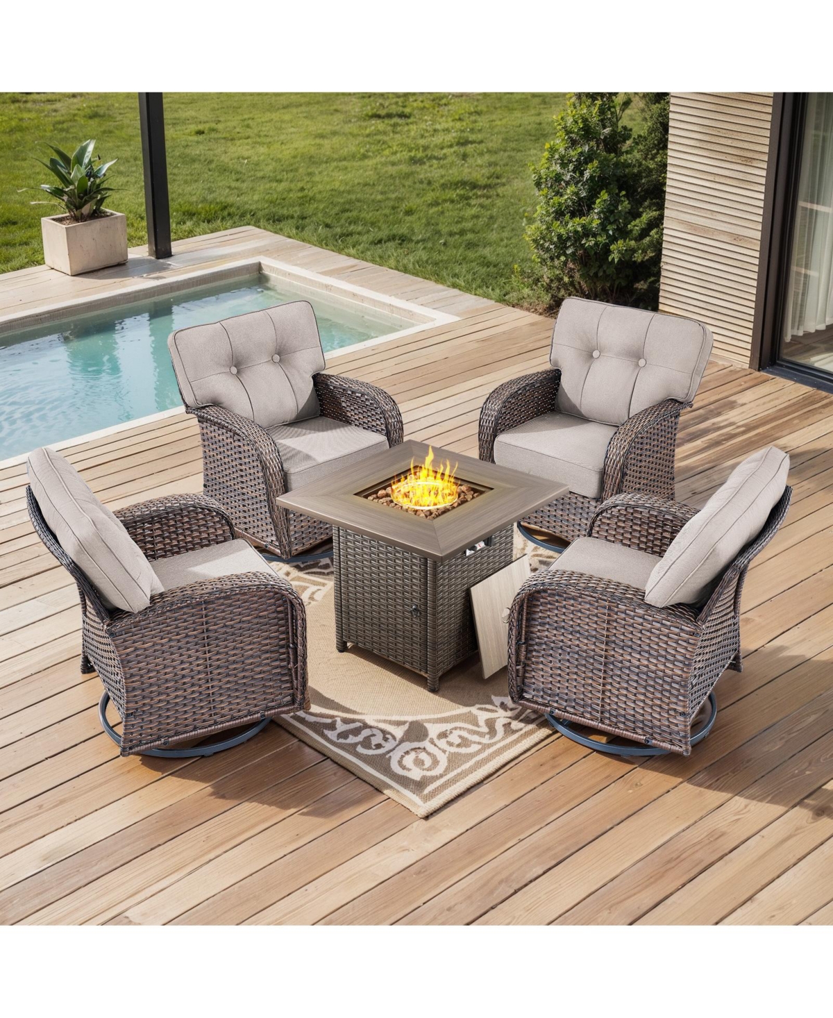 Pocassy 5 Piece Patio Furniture Set,Wicker Swivel Rocker Chairs Set of 4 with 30'' Fire Pit Table Outdoor