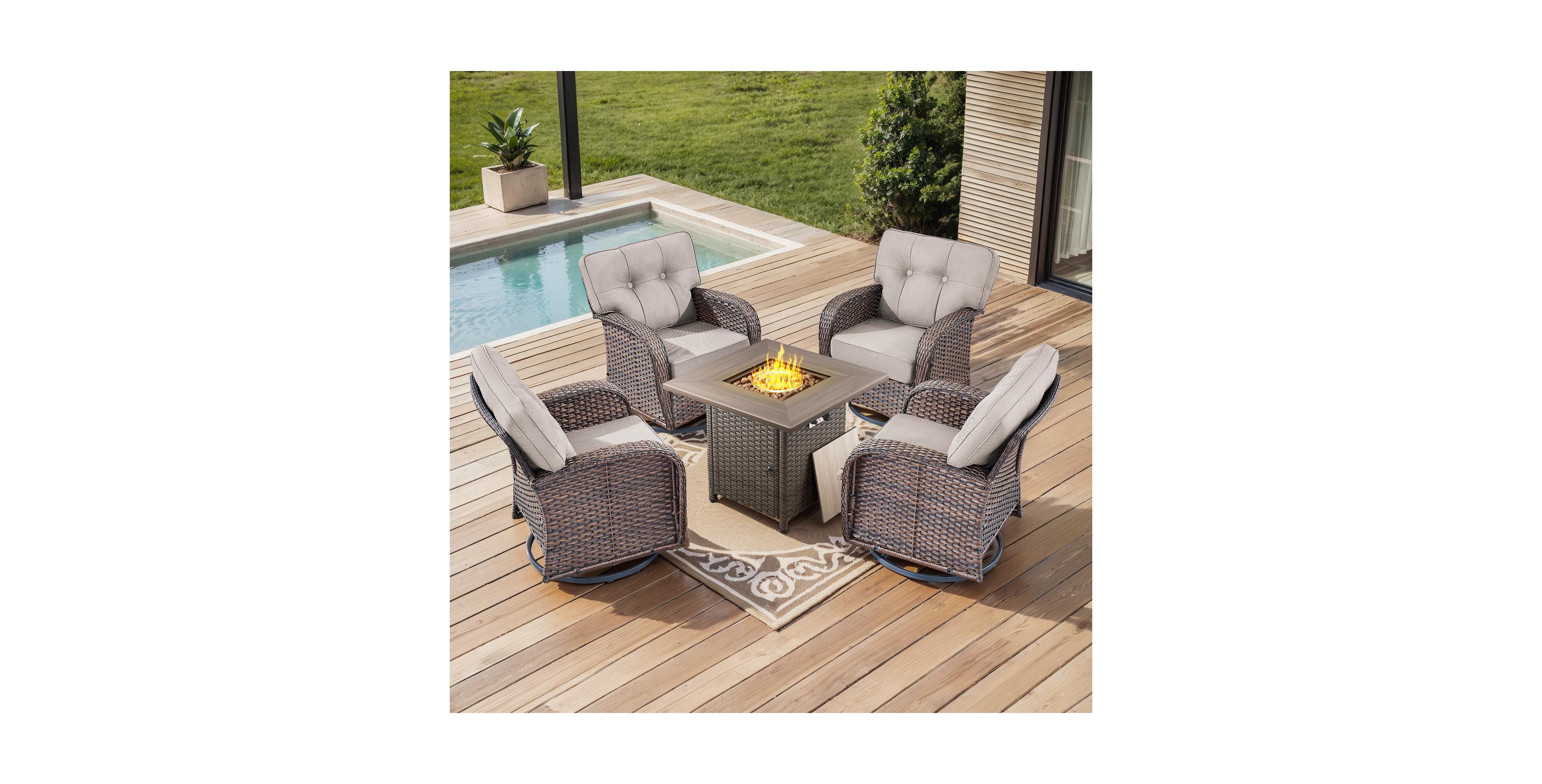 Pocassy 5 Piece Patio Furniture Set,Wicker Swivel Rocker Chairs Set of 4 with 30'' Fire Pit Table Outdoor