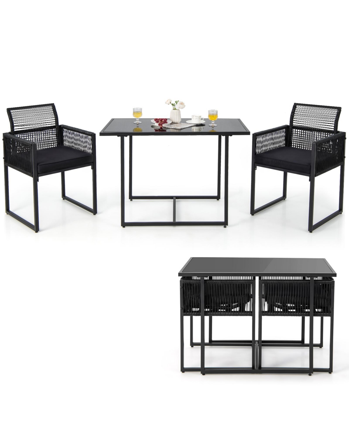 Costway 3PCS Patio Pe Wicker Furniture Set Cushioned Chairs with Folding Backrest Backyard