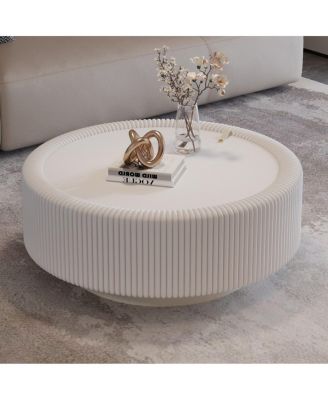 Round Fluted Coffee Table with Tempered Glass Top and Hidden Storage