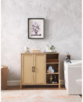 Mid Century Rattan Storage Cabinet with Open Shelves