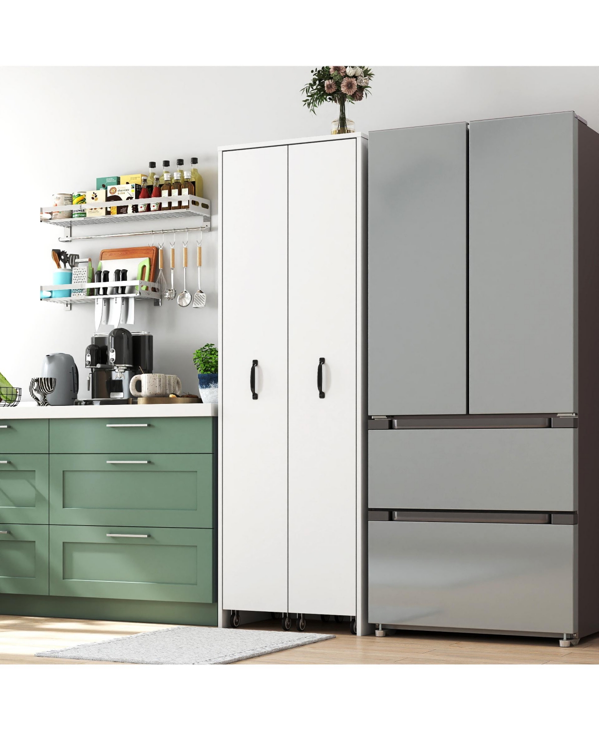 Flynama 4-Tier Freestanding Pull-Out Door Bookcase Mobile Storage Cabinet with Wheels for Home Office Bedroom