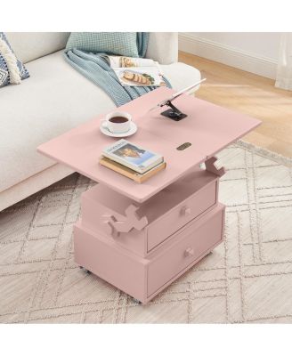 High-Gloss Adjustable Rolling End Table with Charging Station and Storage