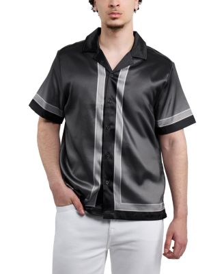Men's Regular Fit Camp Collar Short Sleeve Printed Woven Satin Shirt