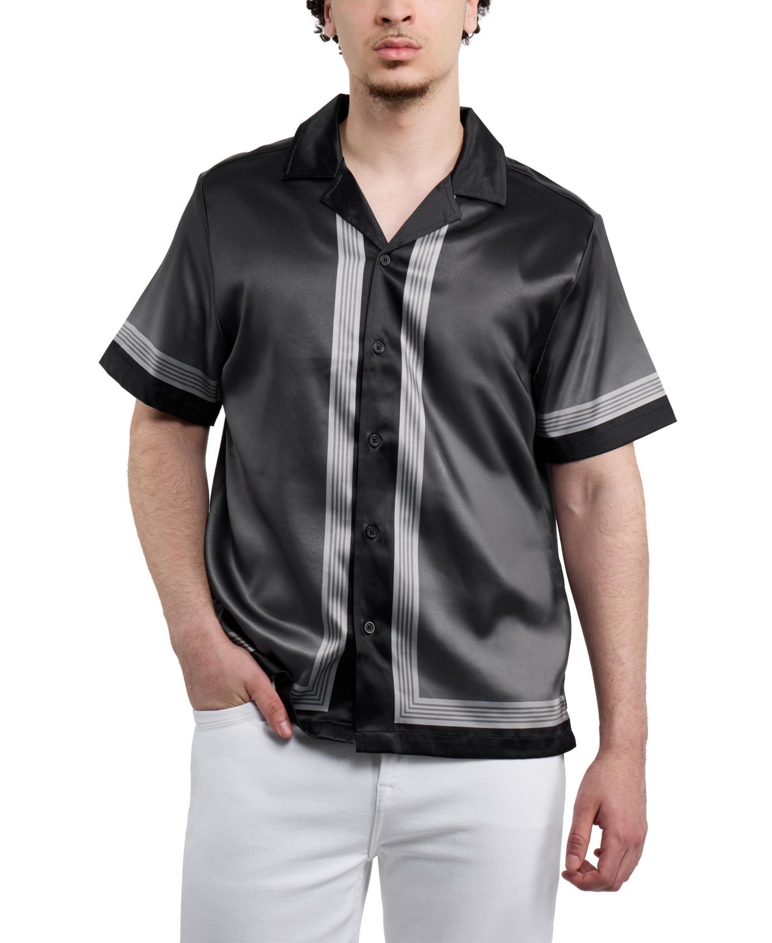Men's Regular Fit Camp Collar Short Sleeve Printed Woven Satin Shirt