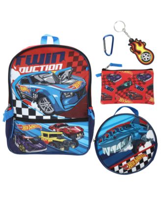 Boys' and Girls' Hot Wheels Backpack, Lunch Kit, Pencil Case, Key Chain and Carabiner, 5-Piece Set