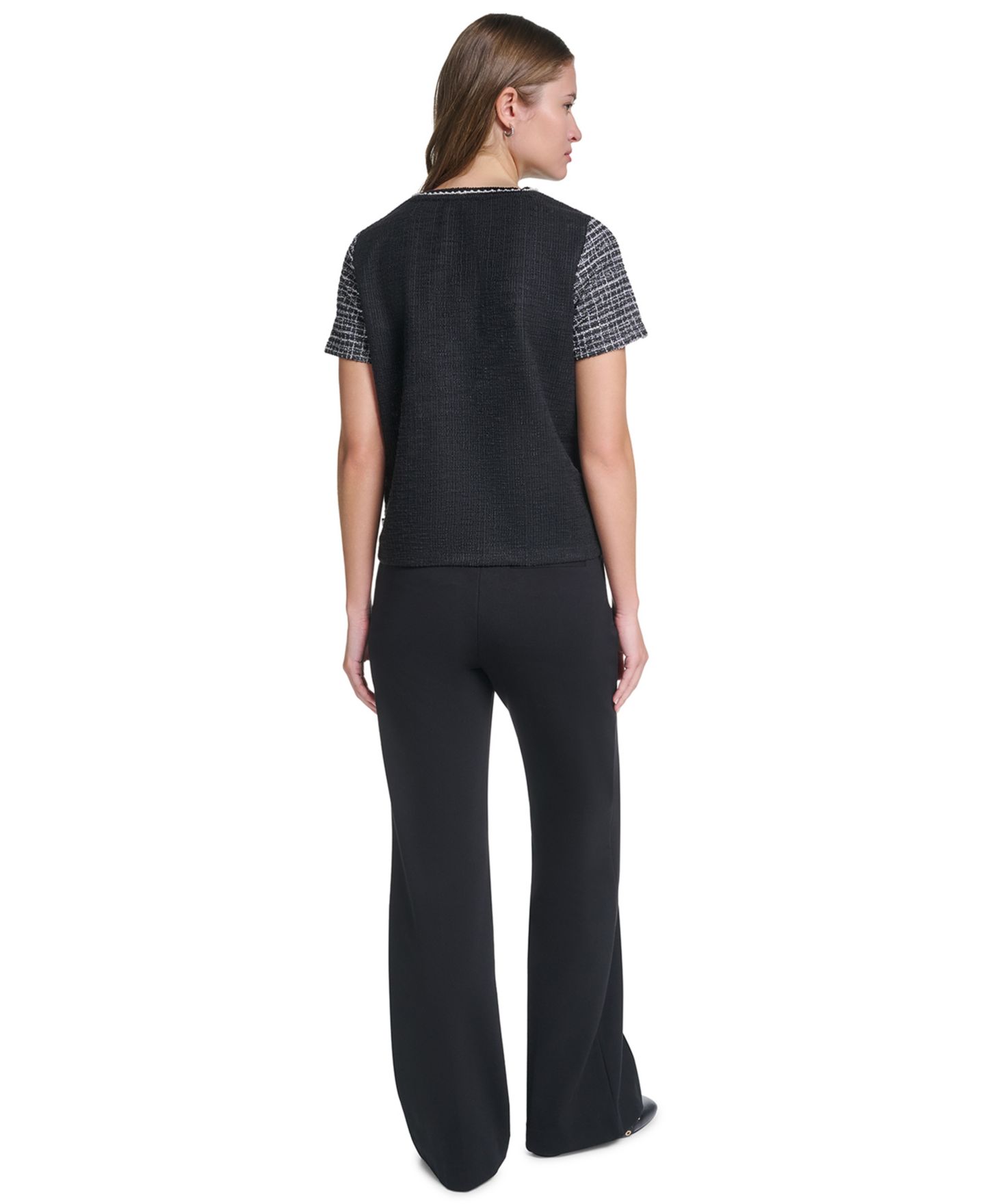 Женская блузка KARL LAGERFELD PARIS Petite Short-Sleeve Trim Crewneck Blouse, цвет: Чёрный — фото 6