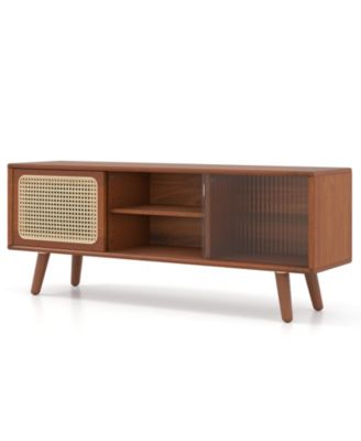 Modern TV Stand with Rattan Glass Sliding Doors and Media Storage