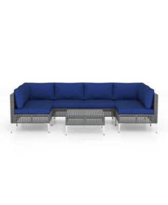 7-Piece PE Rattan Patio Sectional with Tempered Glass Coffee Table