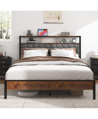 Queen Size Wooden Platform Bed Frame with Upholstered Headboard, USB Charging Station, Under-Bed Storage, No Box Spring Needed