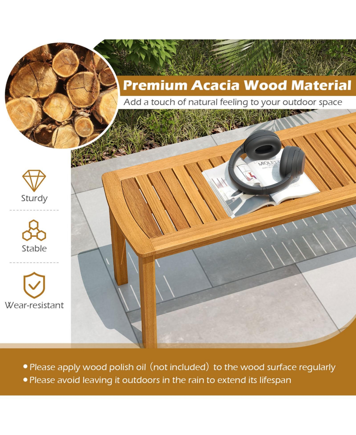 Gymax 2 Pcs Acacia Wood Outdoor Bench 48'' Long Patio Dining Bench w/ Slatted Seat for Garden