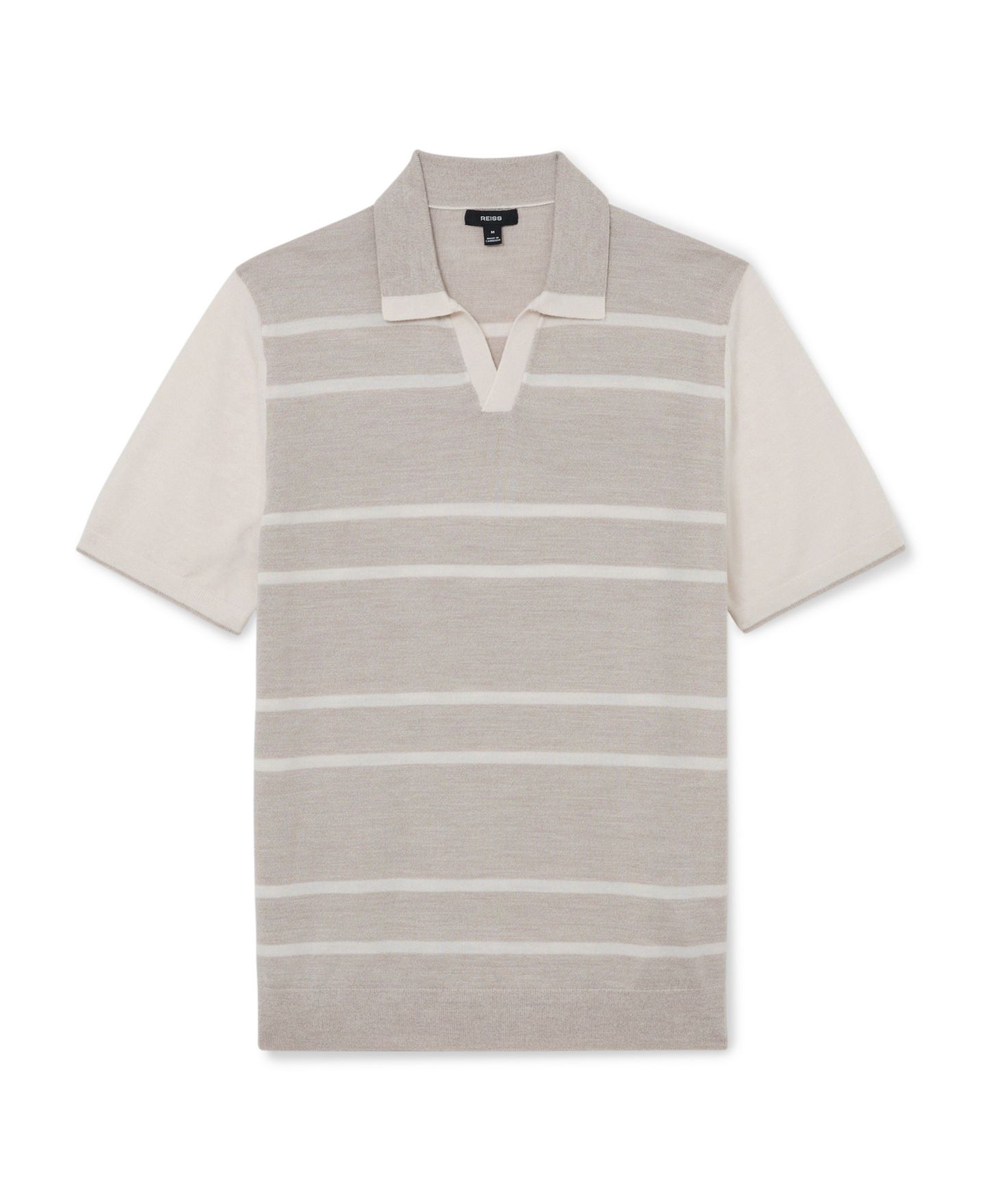 Мужское поло REISS Miles Open Collar Striped Merino Wool Polo Shirt, цвет: Бежевый / Белый — фото 5