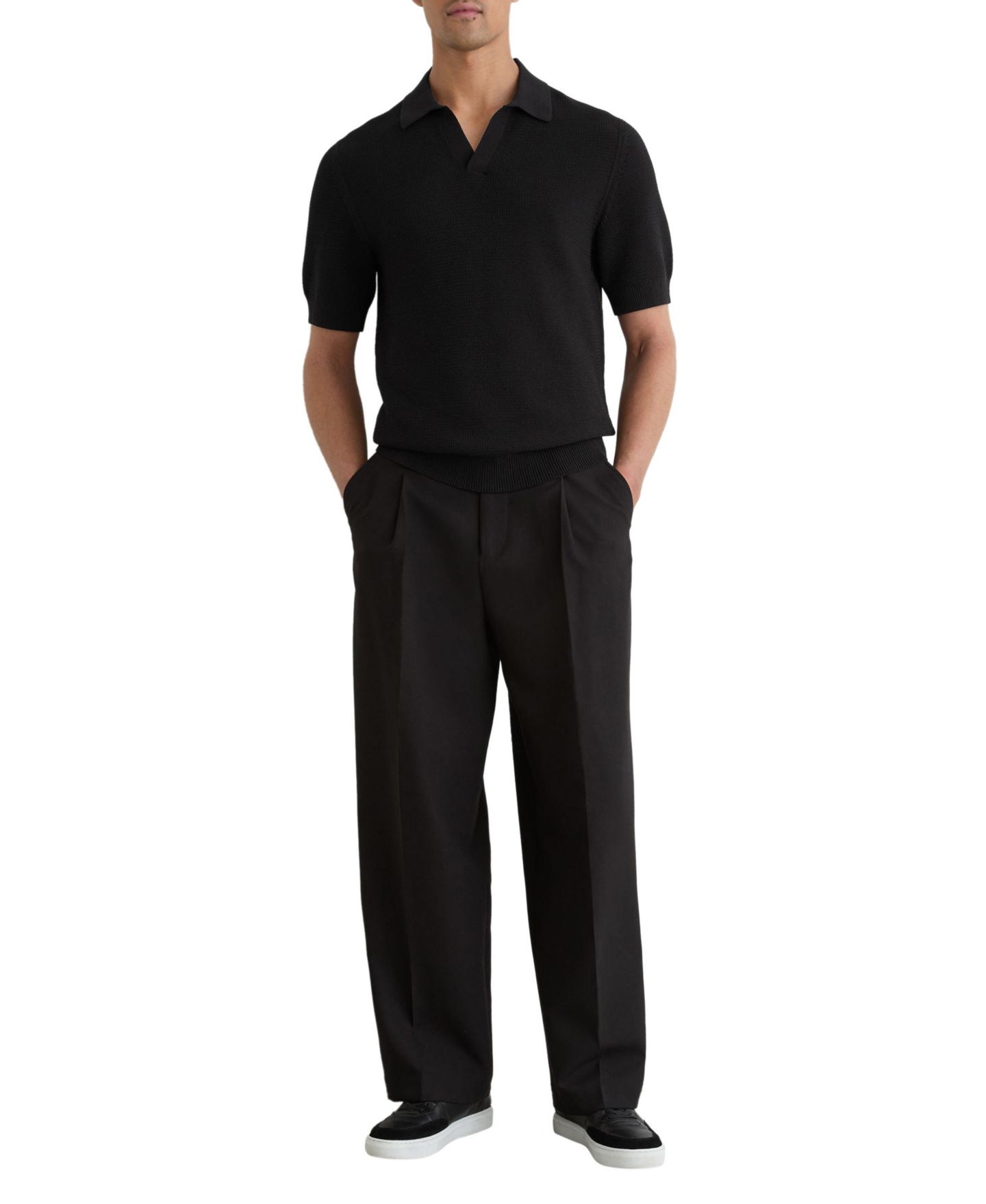 Мужское поло REISS Leon Open Collar Basket Stitch Polo Shirt, цвет: Чёрный — фото 2