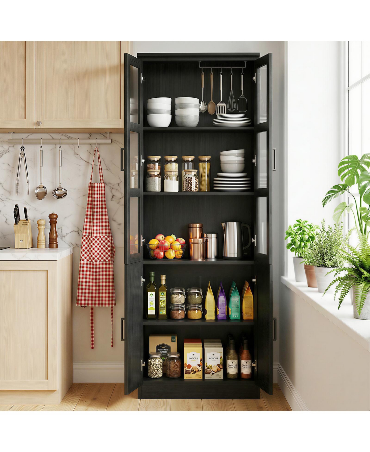 Aheaplus 80'' Tall Kitchen Pantry Cabinet, Display Bookcase with Glass Doors