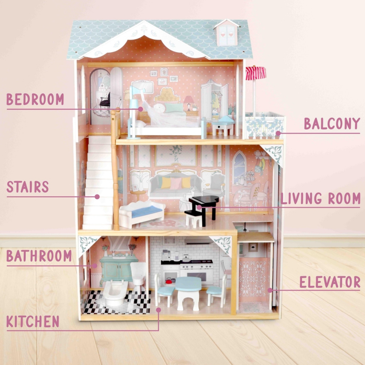 Lil' Jumbl X-Large Wooden Dollhouse, 3 Story Doll House Set w/Elevator, Stairs and Accessories