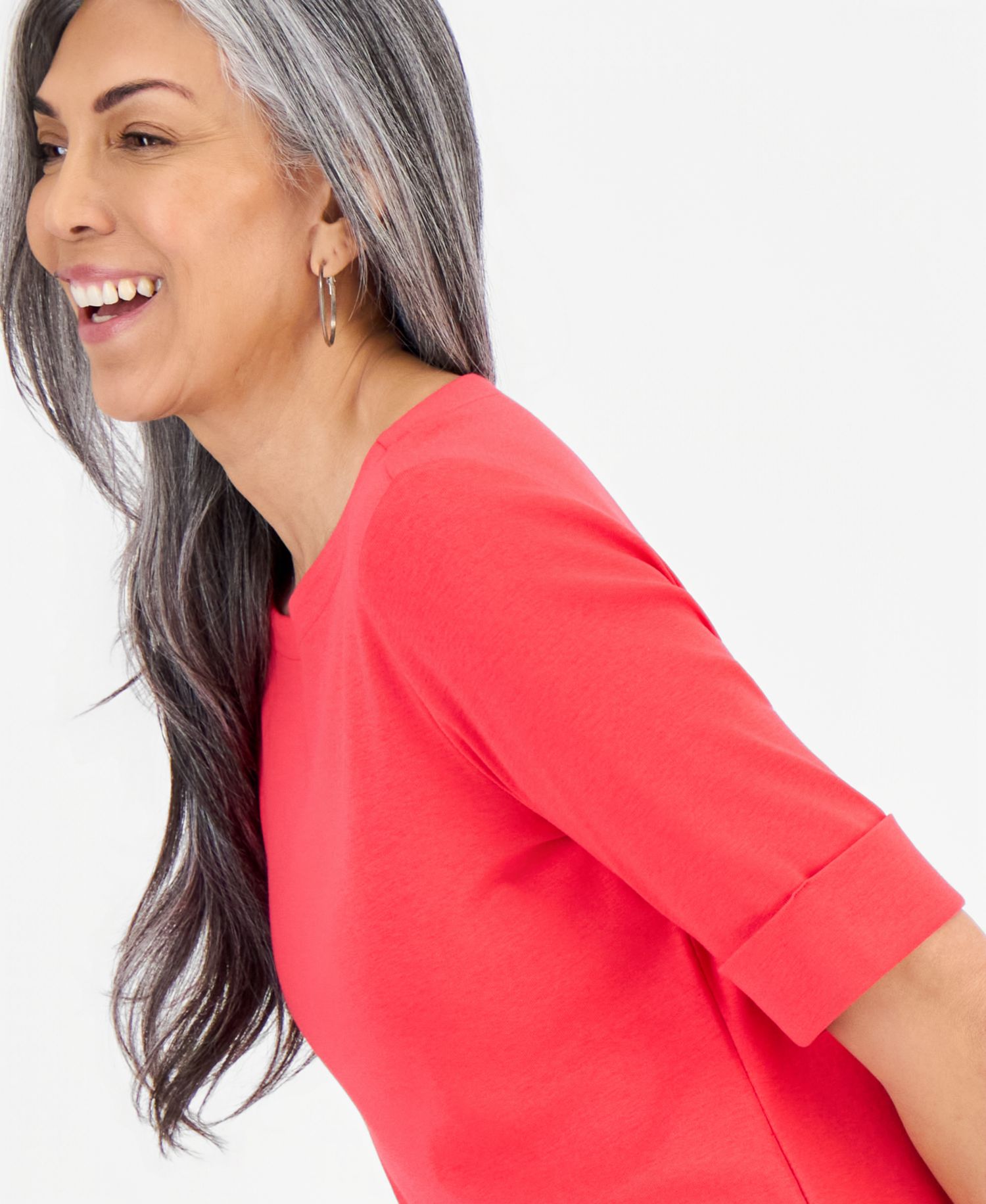 Petite Cotton Elbow-Sleeve Boat-Neck Top