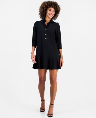 Women's Collared 3/4-Sleeve Flared-Hem Dress