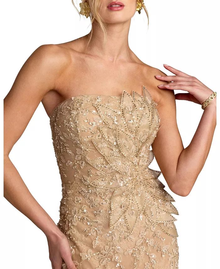 Petite Beaded Mermaid Gown with 3D Flowers - thumbnail 3