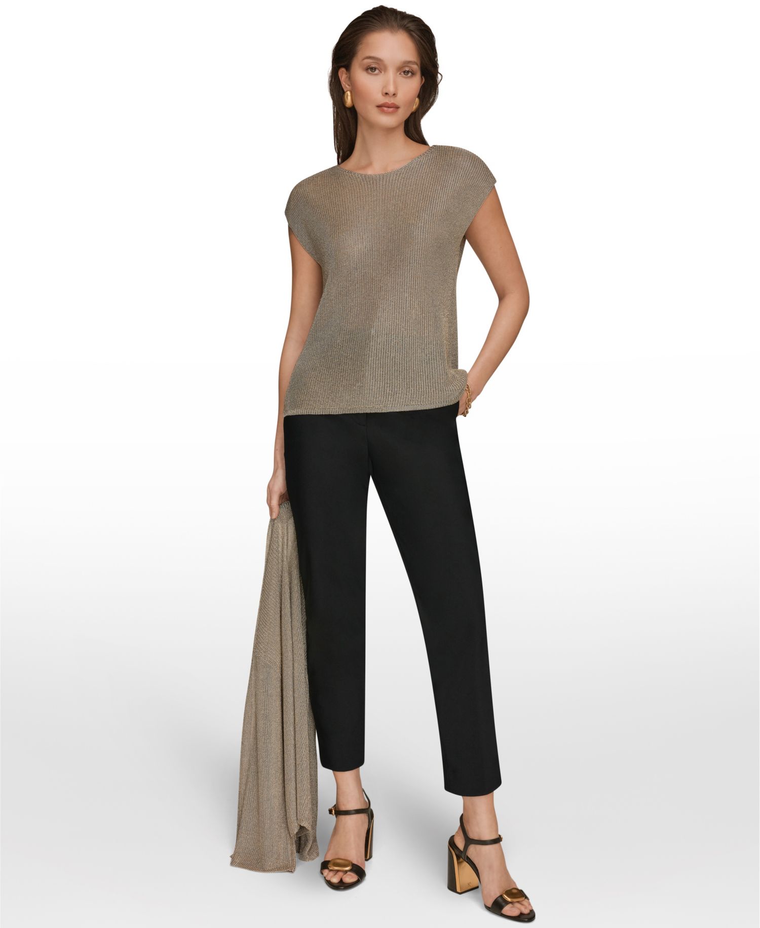 Women's Sleeveless Metallic Crew Neck Sweater