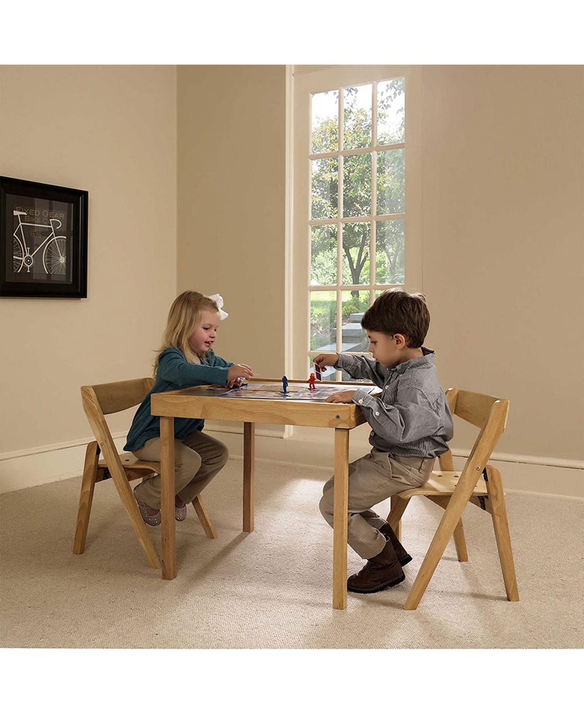 Meco Stackmore Juvenile Kids Folding 3 Piece Wood Table and Chair Furniture Set