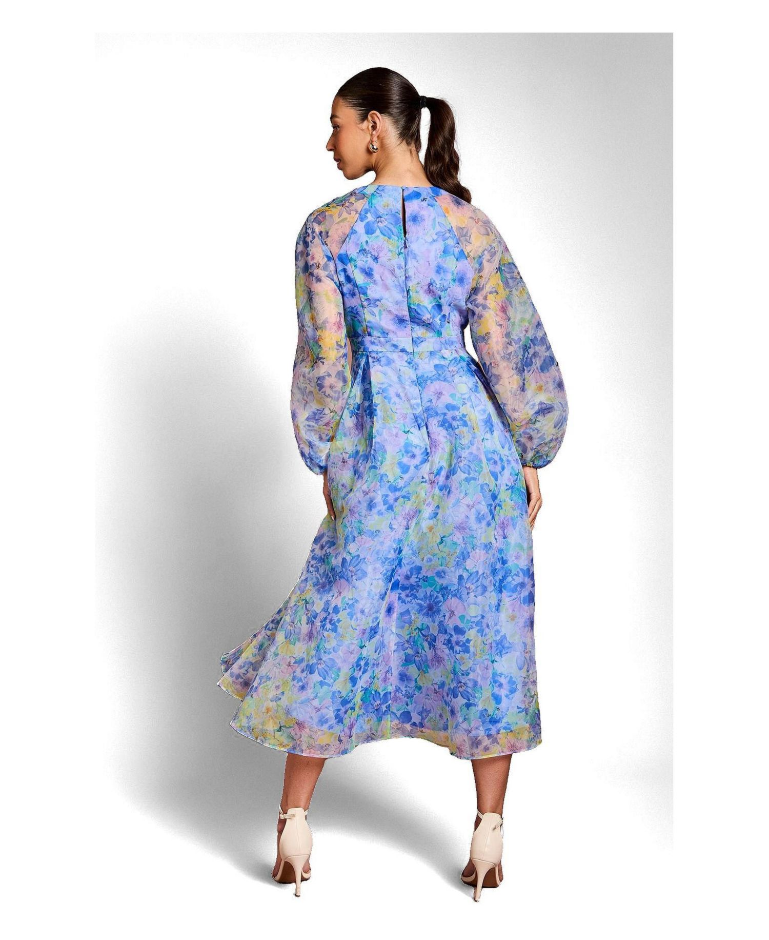 Organza Floral Puff Sleeve Midi Dress