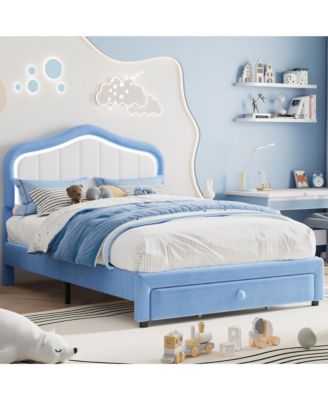 Upholstered  Platform Bed with LED Lights And Storage Drawer, Soft Headboard, Wooden Slats, No Box Spring Needed, Noise-Free, Easy Assembly