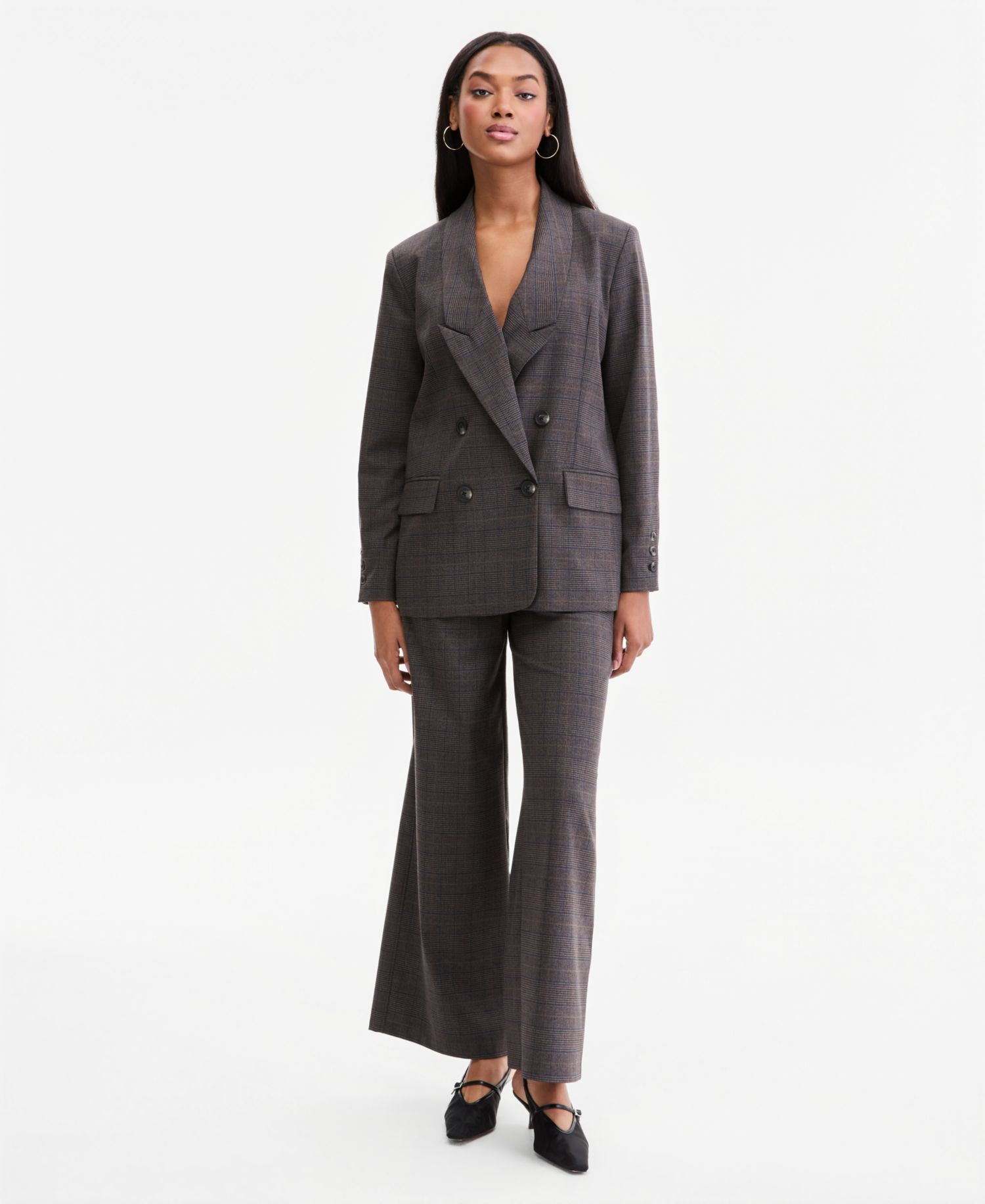 Women's Plaid Peak-Lapel Double-Breasted Blazer