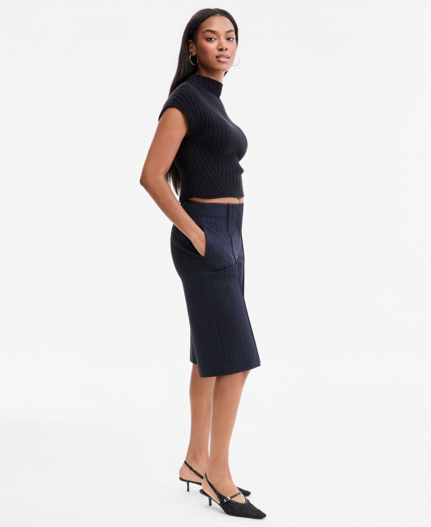 Women's Pinstripe High-Rise Knee-Length Shorts