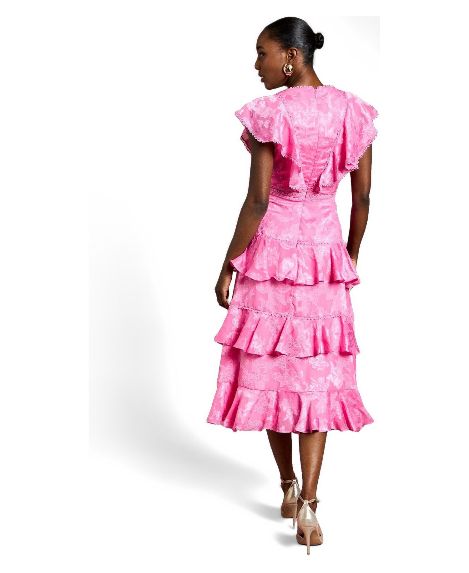 Women's Satin Ruffle Jacquard Midi Dress